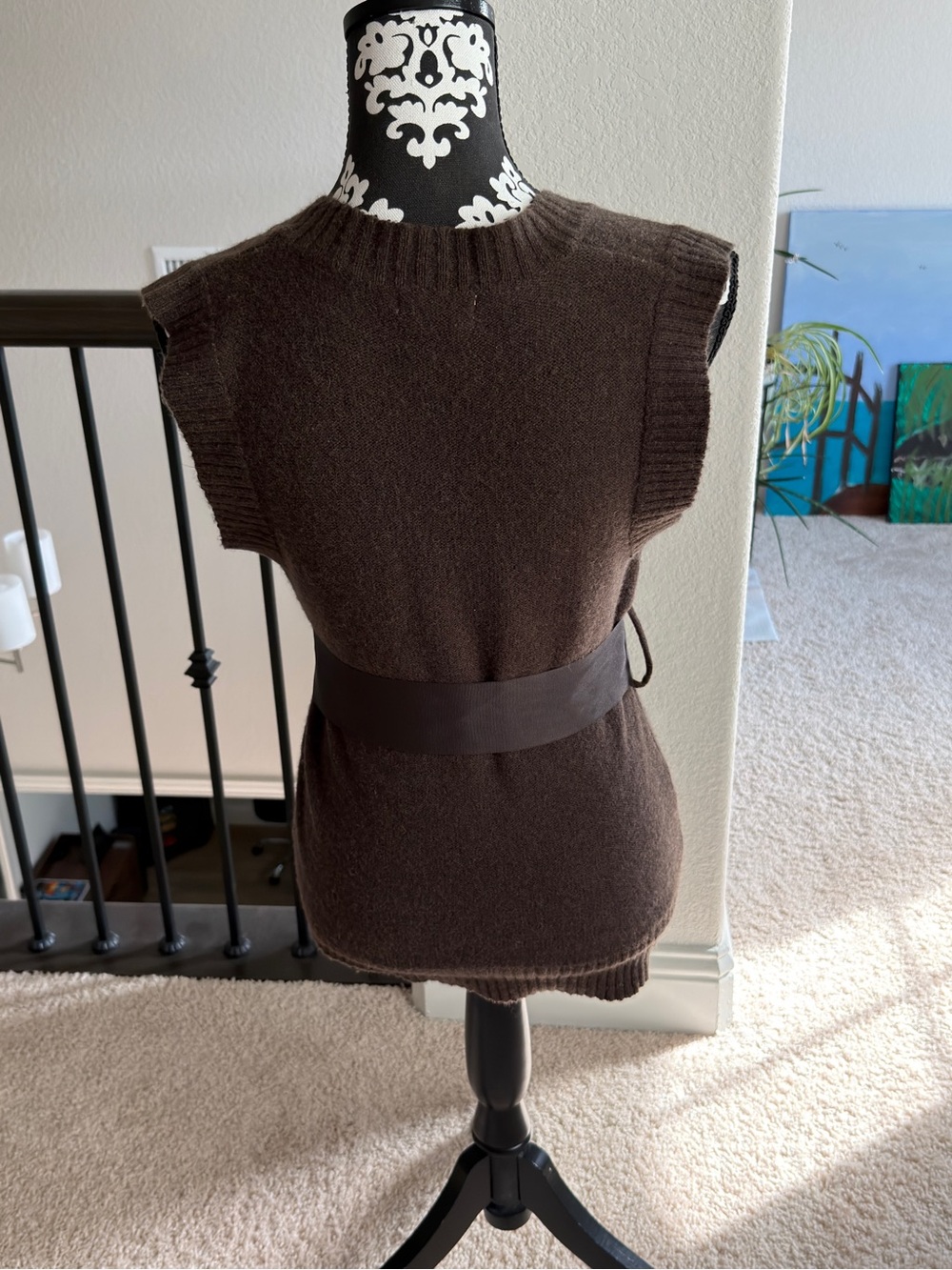 H&M Brown Sleeveless V‑Neck Knit Sweater with Waist Tie